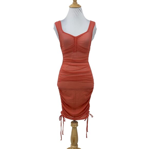 Anthropologie Sheer Mesh Cover Up Dress Womens 2XS Rose Knit Column Ruched Tie - Picture 1 of 16